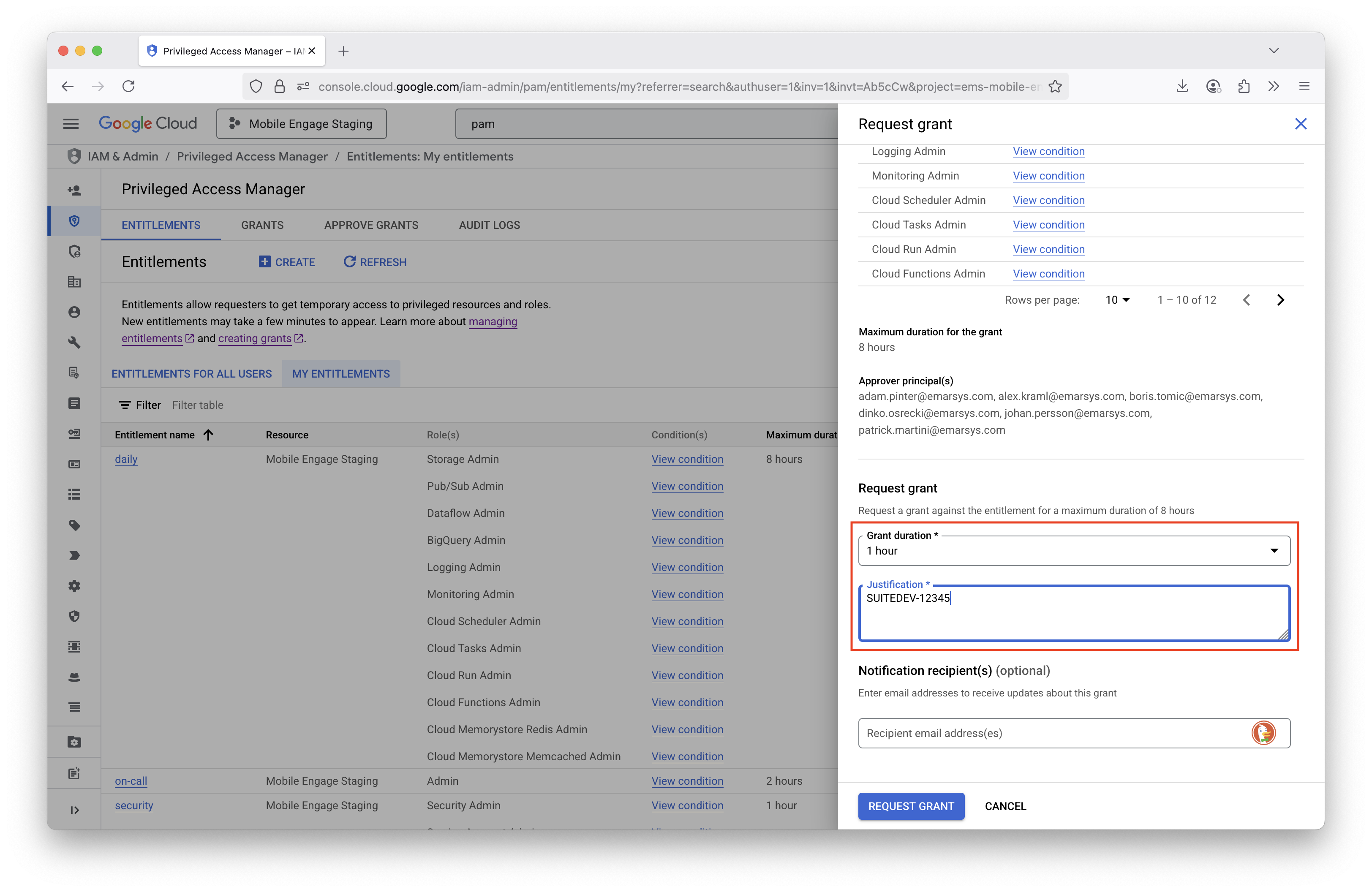 PAM entitlement request