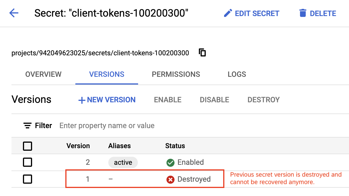 Previous secret version destroyed